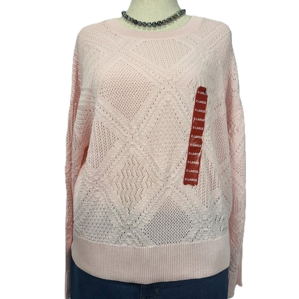 NWT Express Pointelle Knit Diamond Sweater Women's XL Pink Lightweight Spring